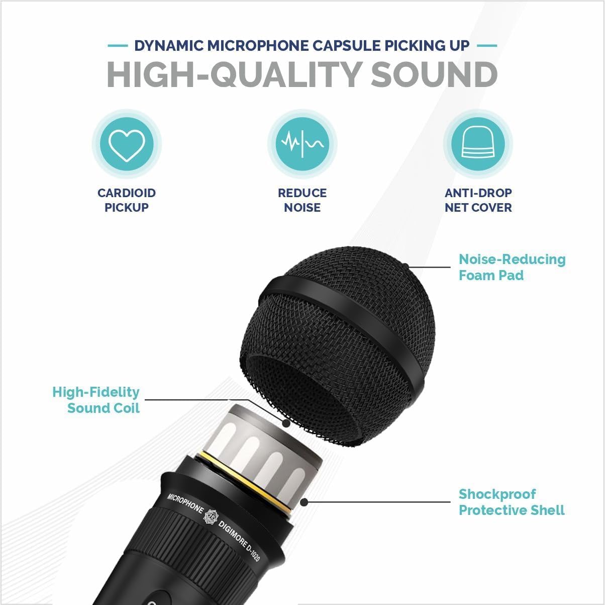 DIGIMORE Super-kardioidalny mikrofon dynamiczny, przewodowy mikrofon z kablem XLR 6 m i uchwytem na mikrofon, do wokalu, śpiewania, karaoke, występów na żywo, studia, systemu nagłośnienia, nagrywania
