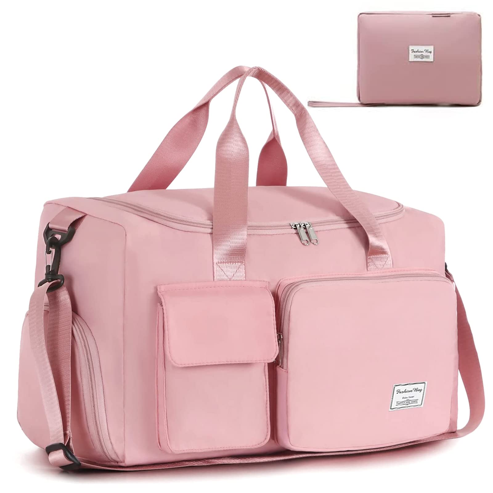 Yuroochii Foldable Gym Travel Duffel Bag, Dry Wet Separated Sport Duffle Bags Yoga Bag, Carry On Bag with Shoe Compartment Travel Weekender Bag (Pink)