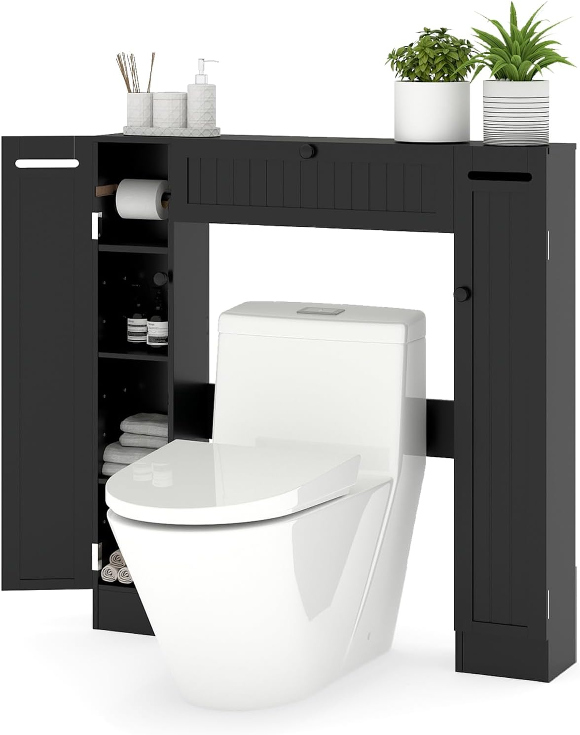 COSTWAY Meuble WC au-Dessus des Toilettes, Etagère de Rangement de Salle de Bains, avec Porte-Rouleau et Placards, 19,5 x 89 x 99 cm (19,5 x 89 x 99 cm,Noir)