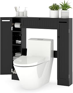 FANTASK Toilettenschrank mit 2 Papierhaltern, Aufbewahrungsschrank über der Toilette, Überbauschrank Bad Holz, freistehend Badschrank, 89 x 18 x 99 cm (Schwarz)