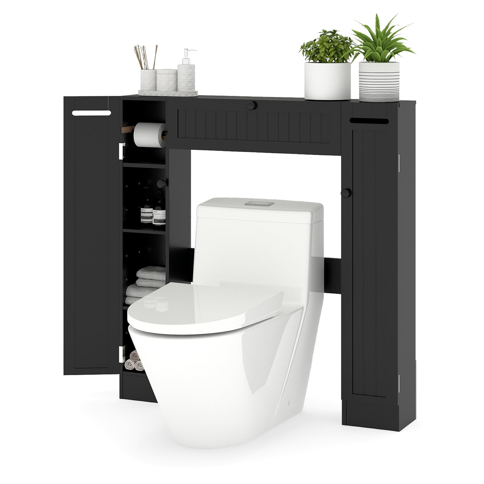 LIFEZEAL Petit Meuble de Rangement au dessu des Toilettes avec 2 Porte-Papier, Meuble sur WC avec Étagères Réglables et 6 Compartiments, Meuble de Salle de Bain en Bois (Noir, 89 x 19,5 x 99 cm)