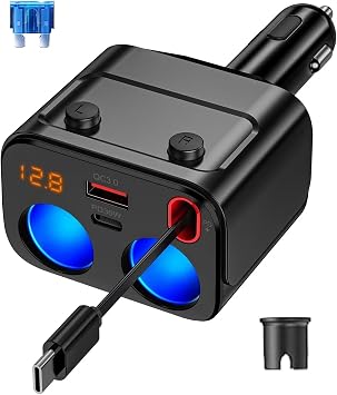 180W Retractable Car Charger Cigarette Lighter Splitter, 5 in 1 USB Fast Car Phone Charger with Retractable Cable 2 USB Ports, 2 Cigarette Lighter Socket with Separate Switch LED Voltmeter