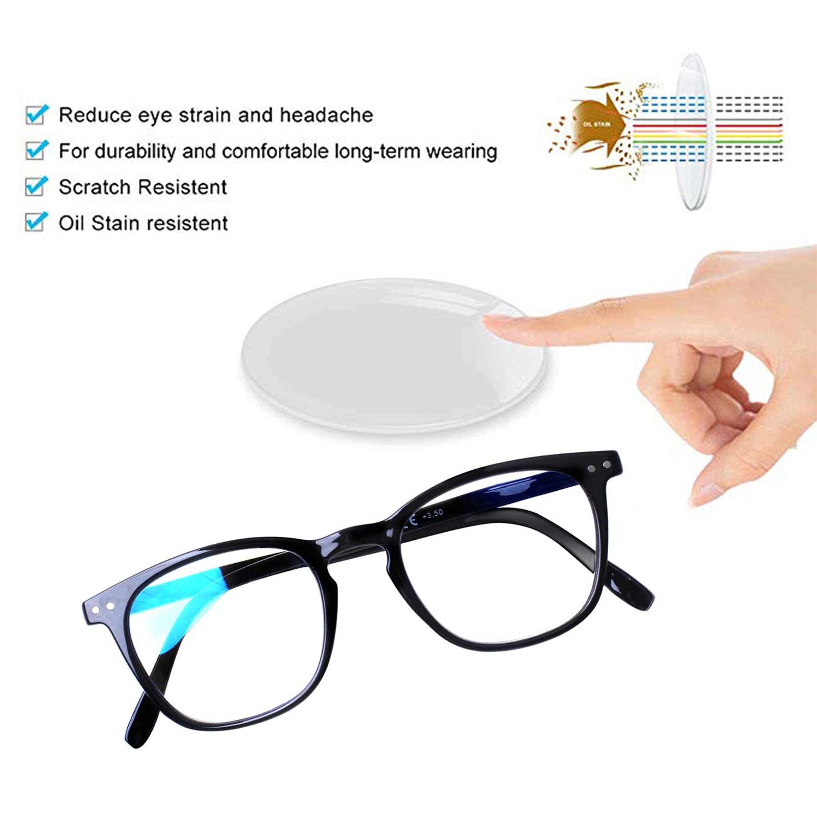 Henotin Gafas de lectura con luz azul, bisagra de resorte, lector de ordenador para hombres y mujeres, gafas de filtro antirrayos UV, 3 pares negras, medianas, 3 Pairs Black, medium