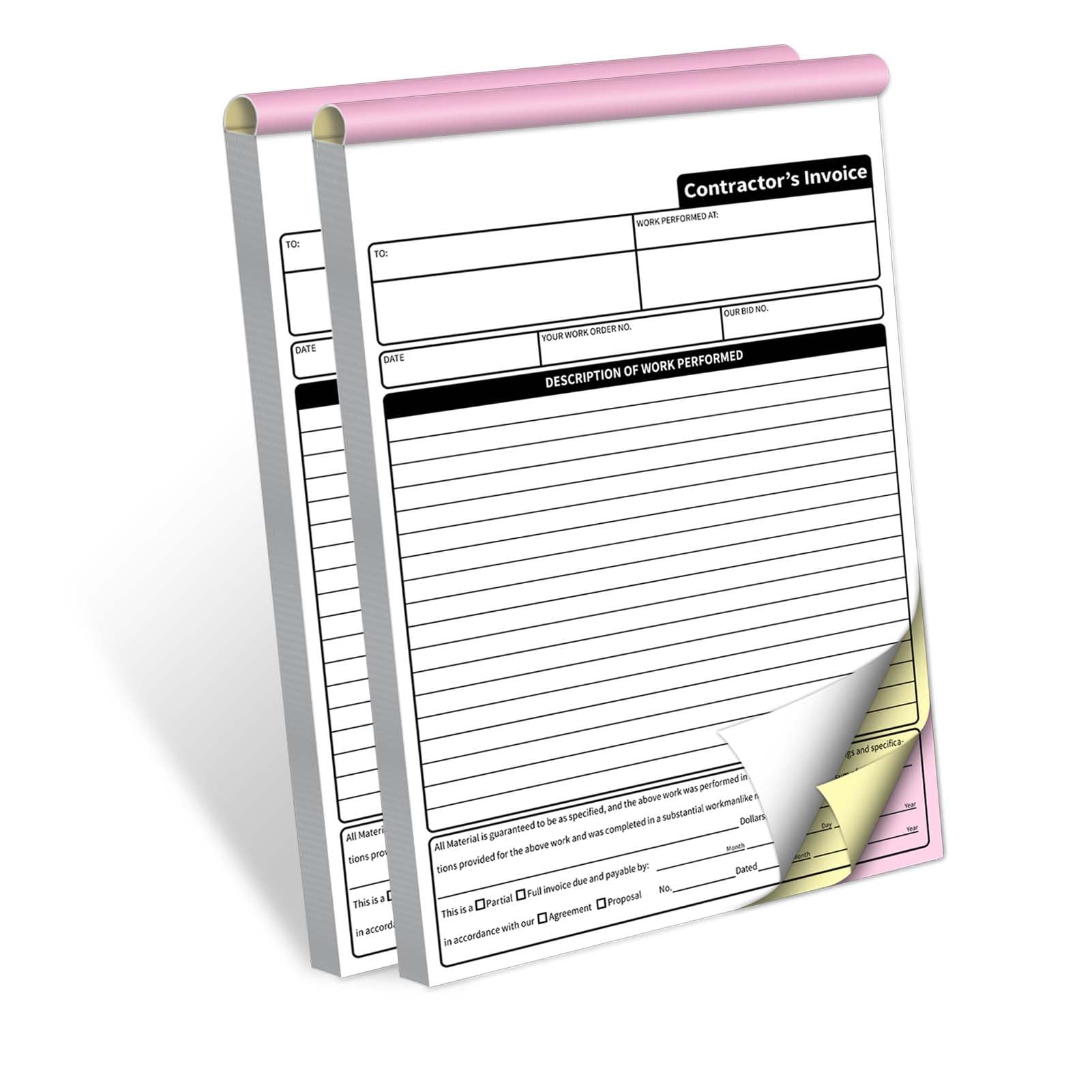 Paquete De 2 Libros Facturas Para Contratistas, Libro Estimación Contratista Sin Carbono 3 Partes, Recibos Pedidos Trabajo Con Copias Carbono, Pulgadas, 7.3 X 11