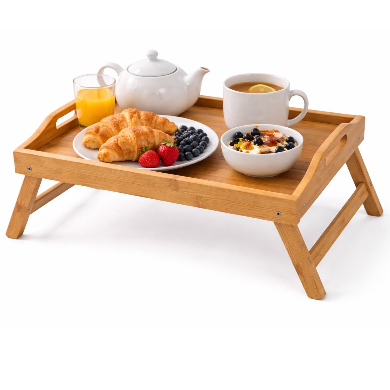 Almineez Bamboo Bed Tray Table with Folding Legs Foldable Serving Portable Laptop Tray Snack & Breakfast Tray Bed Table Drawing Table (40 x 32 x 18 cm)