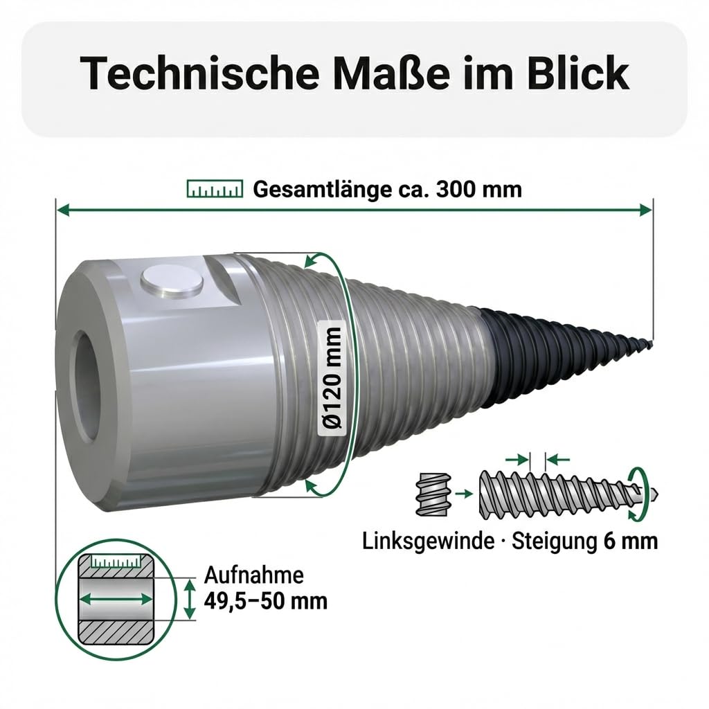 Holzspalter Drillkegel Ø120mm für 3T Rotator, Aufnahme 49,5–50mm, Linksgewinde 6mm Steigung, ca. 300mm Länge, C45 Stahl, wechselbare gehärtete Spitze, Querbohrung für 25mm Sicherungsbolzen