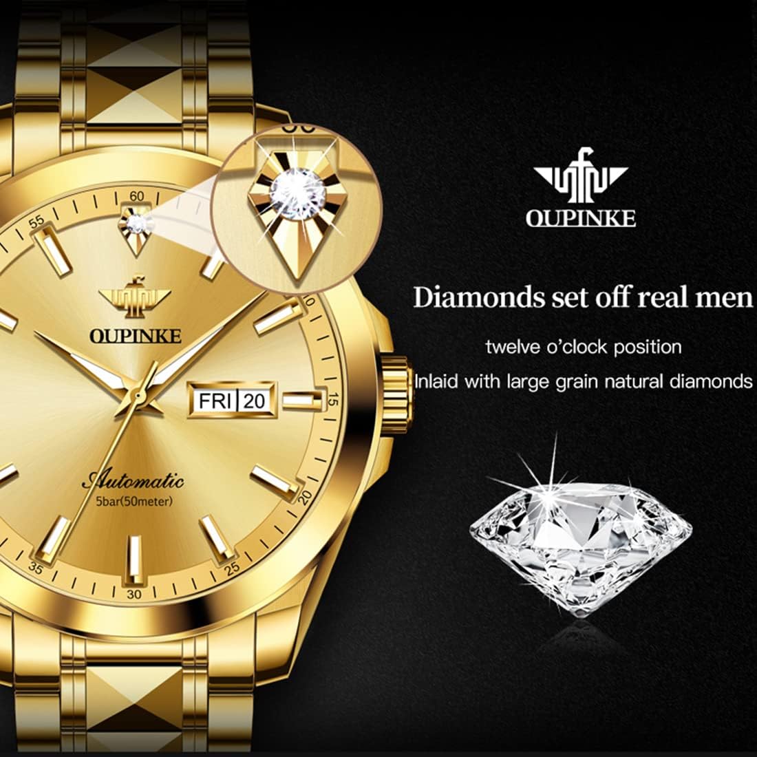 OUPINKE Mens Automatic Watches Gold Diamond Luxury Dress Self Winding Mechanical Sapphire Crystal Luminous Waterproof Mens Wrist Watch - Image 2