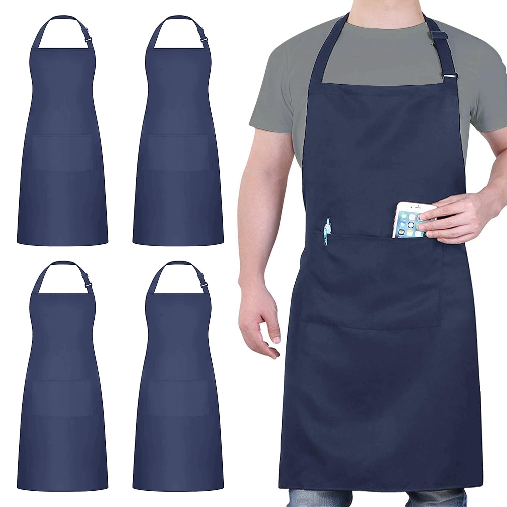 atopo 4 Stück Köche Schürze, Marineblau Schürze für Männer Frauen, Wasserdichte Küchenschürze mit 2 Taschen, Verstellbarem Nackenband Schürzen für Küche Kochen Backen Garten BBQ