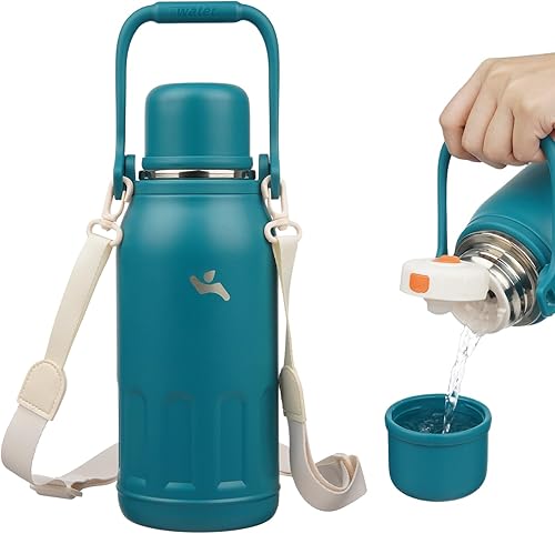 Miniatura 28 de Botella de agua térmica con asa y correa, vaso de viaje al vacío con tapa de taza, taza de café térmica para bebidas frías y calientes, 27 onzas,