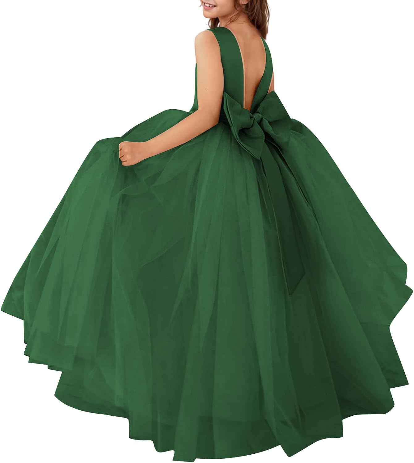 Flower Girl Dresses Satin Tulle Princess Pageant Dress for Wedding Kids Pearls Prom Ball Gowns with Bow-Knot