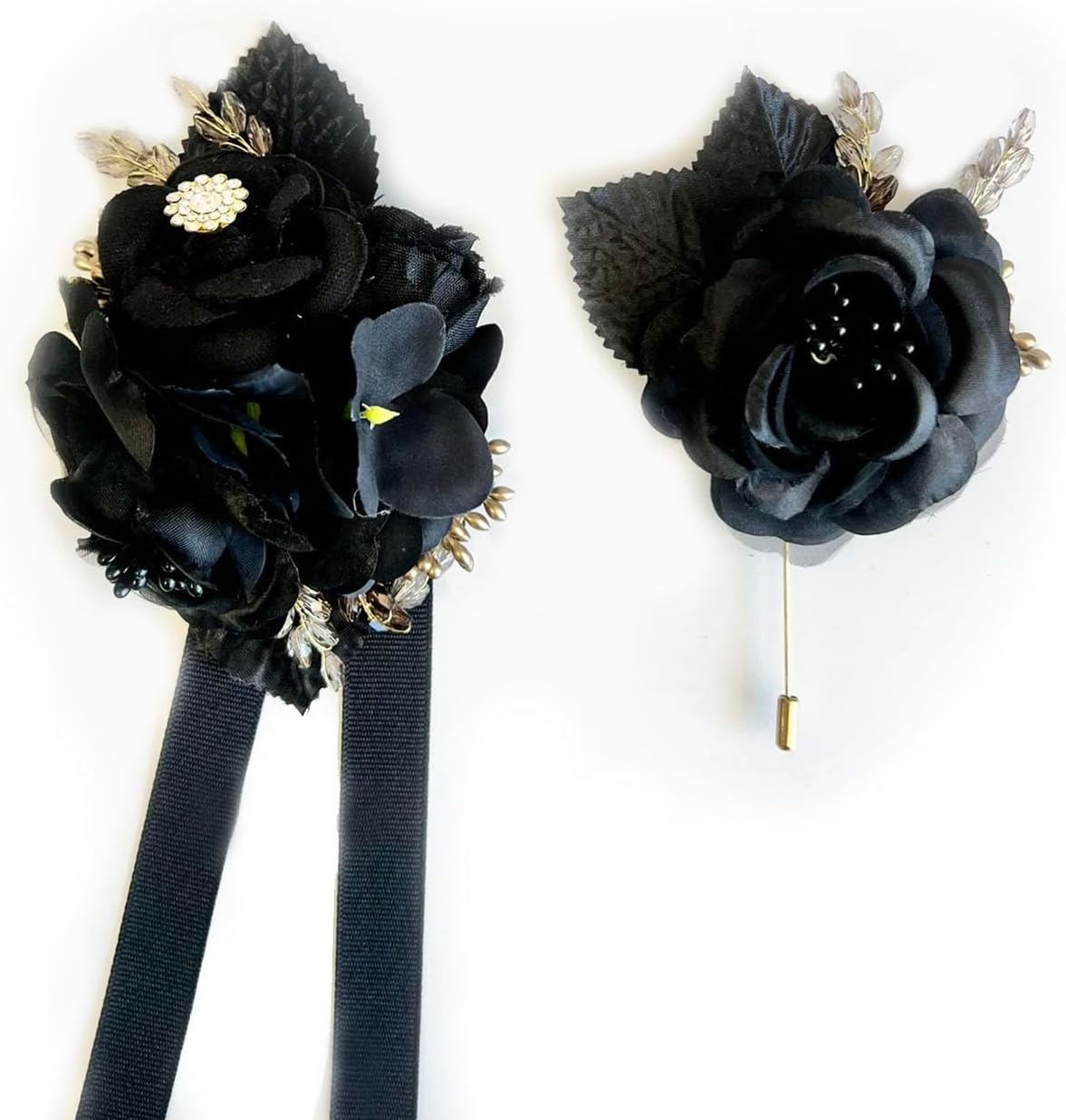 WHITEROOM Black Promo Corsage and Boutonniere Set, Wrist Wedding Corsage, Wedding Corsage, Bridesmaids Corsage, Black and Gold Bridal Bracelets