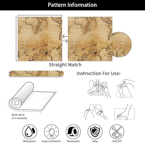 Miniatura 7 de REDAMANCY Mapa vintage antiguo, arte abstracto, bohemio, marrón, despegar y pegar, papel tapiz adhesivo de papel de pared vintage, fácil de despegar