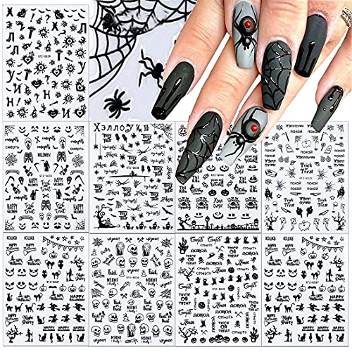 9 Sheets Black Nail Art Sticker Decals 3D Self Adhesive Nail Stickers for Acrylic Nails Halloween Spiders Ghost Skull Words Nail Art Decorations for Women Kids Nail Art Supplies for Nail Art Designs