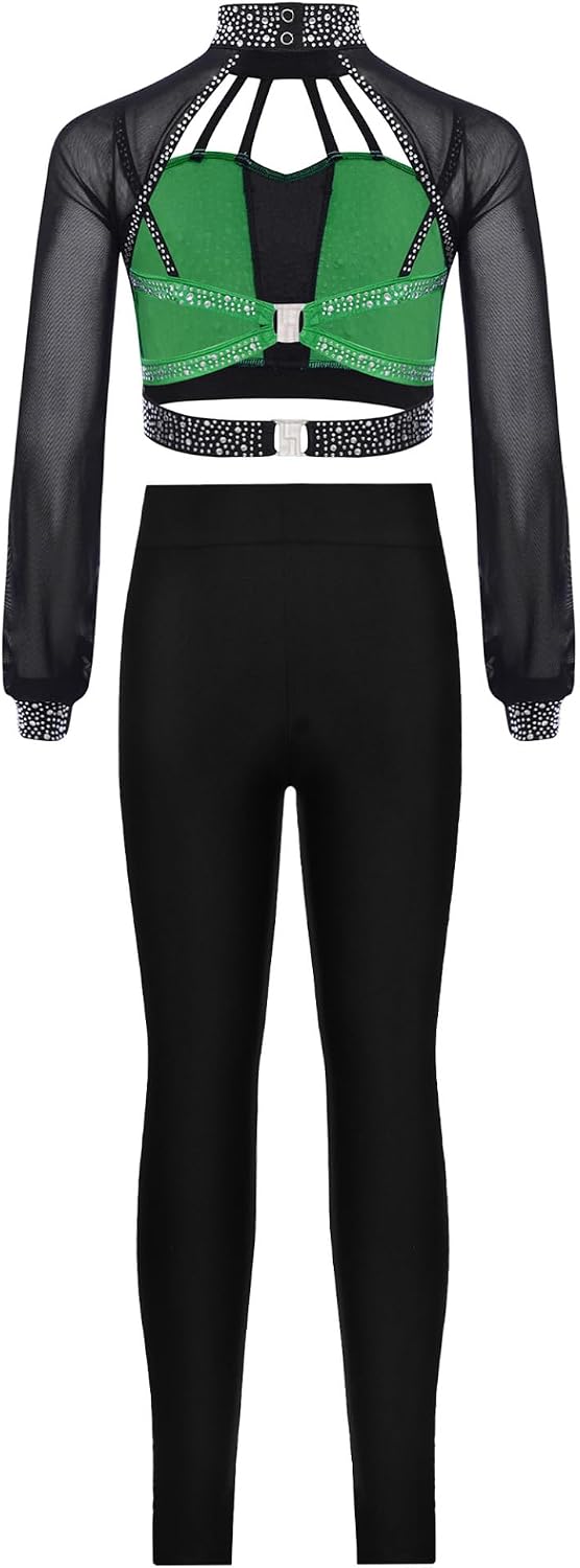 Linjinx Kids Girls Shiny Rhinestone Long Sleeve Crop Top with Figure Skating Dance Leggings Pants Set for Performance Green 14 Years