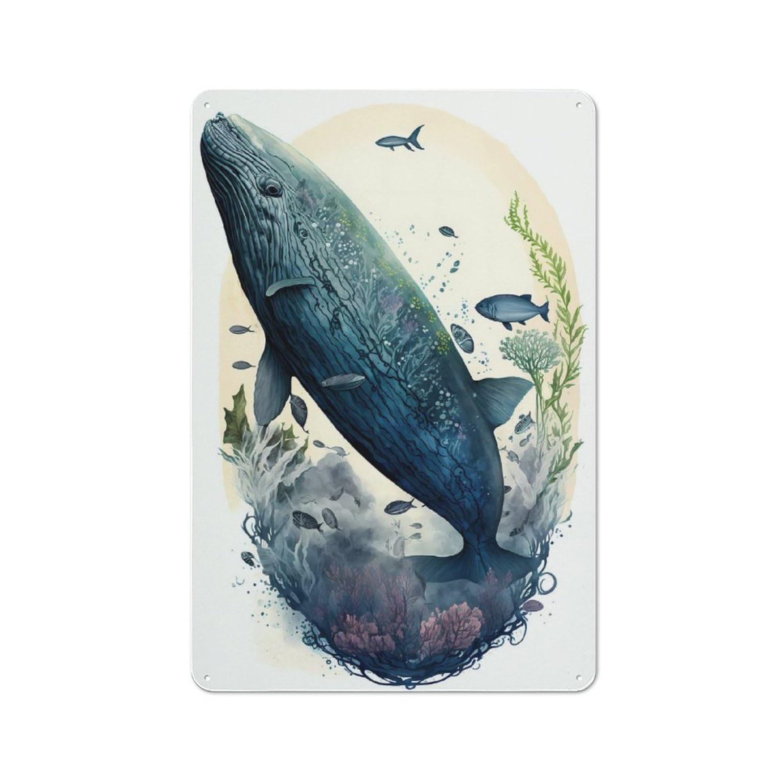 Junmoney Watercolor Whale Vintage Metal Wall Sign 30X20cm For Café Or Restaurant, For Metal Sign Collectors, For Garage And Workshop Walls
