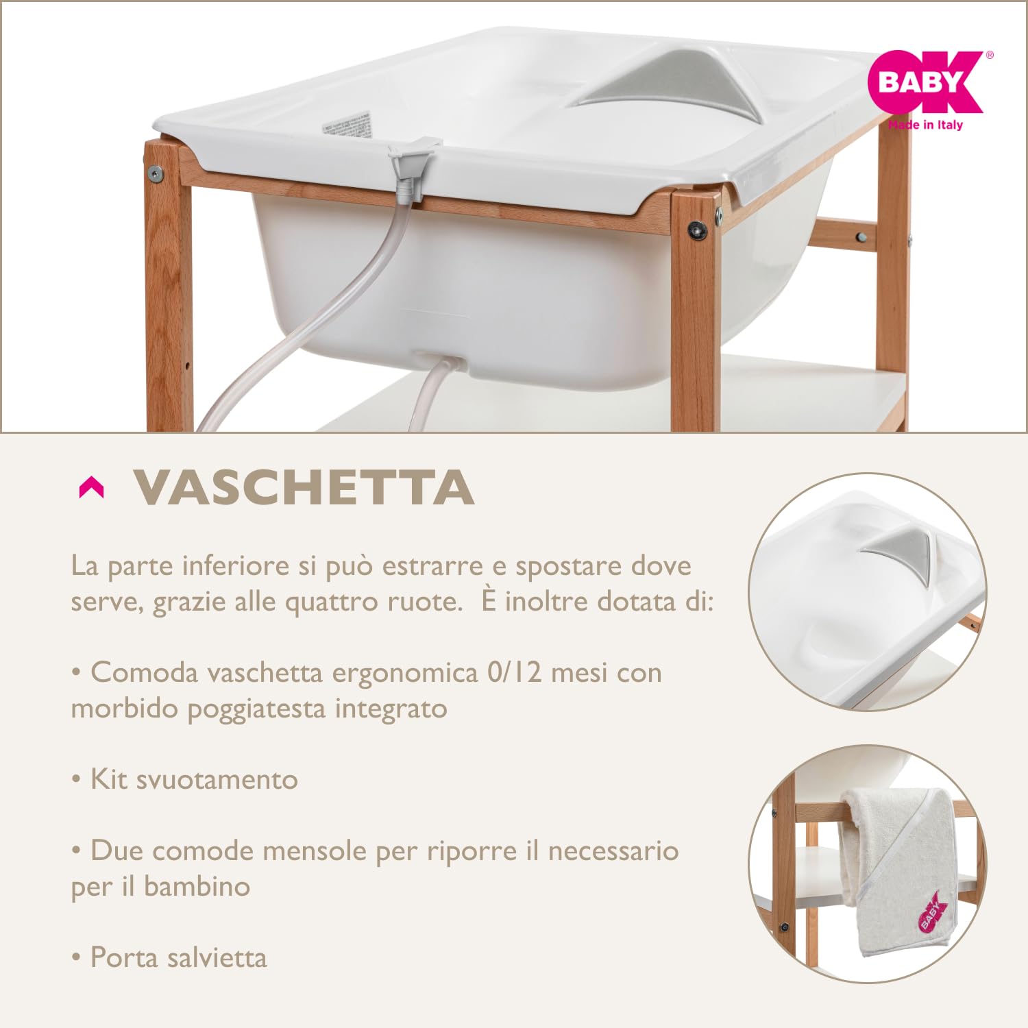 OKBABY Woody - Fasciatoio in Legno con Vaschetta Ergonomica e Ruote, Completo di Materassino Soffice per il Cambio del Neonato - 0-12 Mesi (11kg) - Bianco