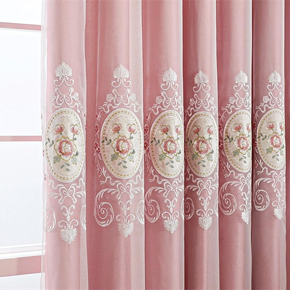 Amidoudou 1 Pair European Double Layer Curtains with Valance for Living Room Bedroom Floral Embroidered Curtains (Pink,51x90 Inch)