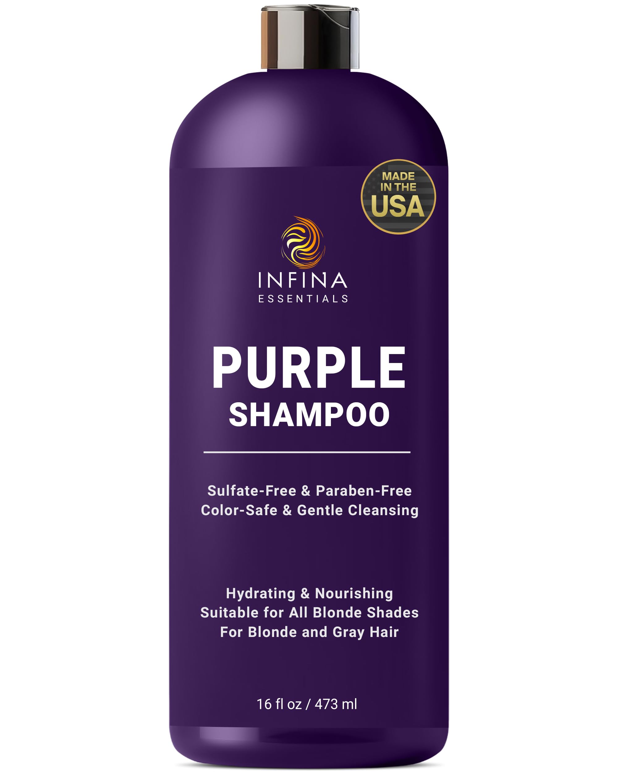 INFINA ESSENTIALS Purple Shampoo for Blondes, Gray, Brassy & Color Treated Hair, Sulfate Free, Enriched with Green Tea & Chamomile & Avocado Oil -