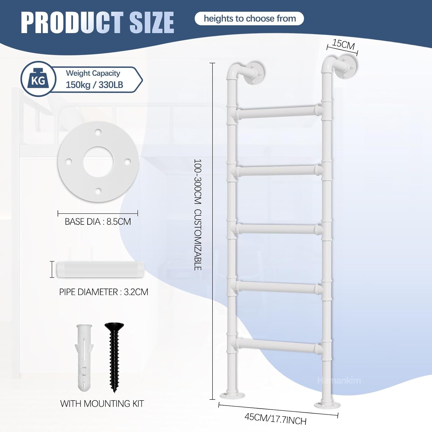 Attic Egress Ladder for Home White Bunk Bed Straight Ladder, Space Saving Industrial Climbing Ladders with Wall Mount, Heavy Duty Basement Window Well Entrance Ladder, White(137cm/54in)