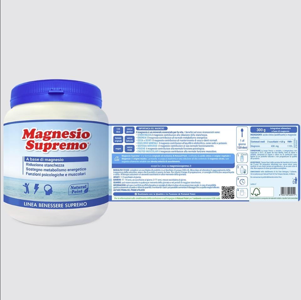 Natural Point Magnesio Supremo 300 - Integratore Magnesio Solubile in Polvere - Contro Stanchezza e Affaticamento - Vegan, Se