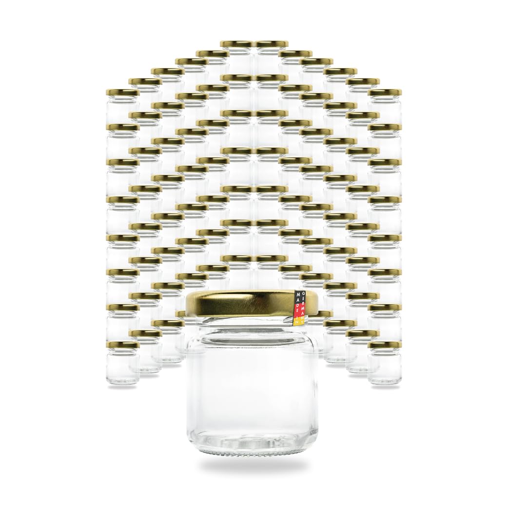 flaschenbauer Set von 24/48/96 Mini Einmachgläser 53ml - Schraubgläser mit Gold-Twist-Off Deckel 43mm, Ideal für Marmelade, Honig, Gewürze, Konservieren & Geschenkideen - 96 Stück