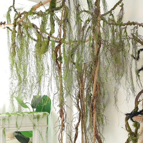 63inch Rustic Curly Artificial Weeping Willow Branches Faux Twisty Wood Curtain Tree Spooky Fall Long Vine Hanging Green Moss Twigs Garland For Wall Jungle Fireplace Halloween Patio Porch Decoration