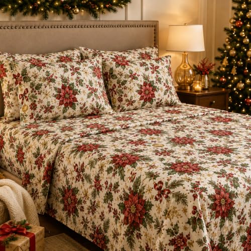 YIYEA Queen Christmas Sheet Set, 110 GSM Microfiber, 16" Deep, 4-Piece