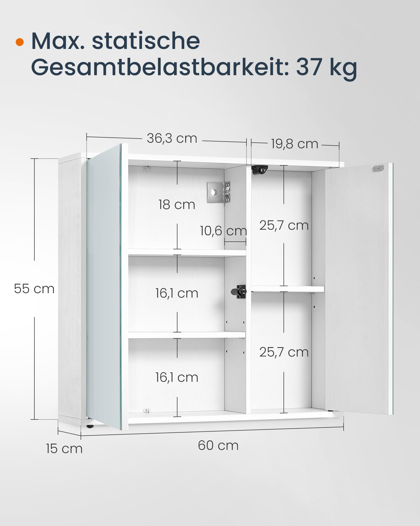 SONGMICS Home Spiegelschrank, Snapsemble – superschnelle Montage | Badezimmerschrank, Badspiegel, verstellbare Ablagen, modern, 15 x 60 x 55 cm, schneeweiß, KADIN Kollektion BBC114WE01