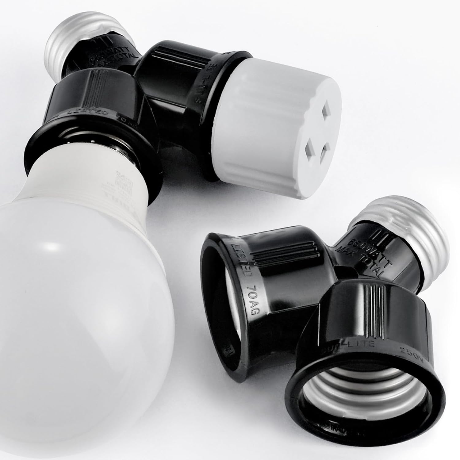 Double Light Socket Adapter, Dual Light Bulb Splitter, Twin Bulb Holder Converter, Add Extra Lamp in Garage Increase Camera in A Socket. UL Listed (Black, 2)