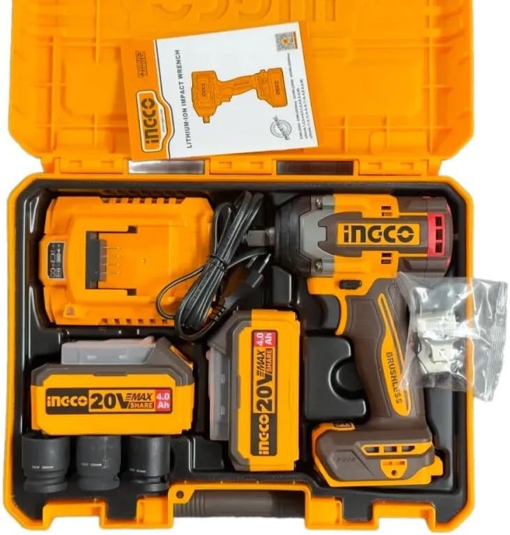 The INGCO CIWLI2050 impact wrench kit contents, including the tool, two batteries, charger, and three sockets, neatly arranged in its carrying case.