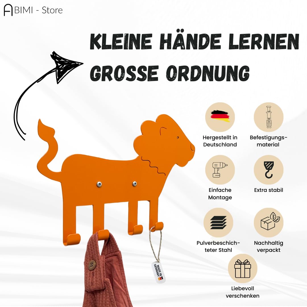 ABIMI Kindergarderobe Löwe aus pulverbeschichtetem Stahl – 4 Haken als Tierbeine – Wandgarderobe für Kinderzimmer & Flur – robust, durchdacht & mit Sorgfalt gefertigt – 32 × 22 × 2 cm