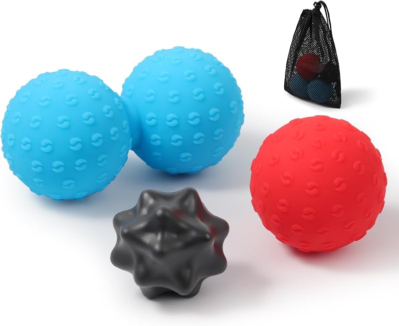 HODEMI Massage Ball Set, 3 Pack Spiky Ball, Lacrosse Ball & Peanut Massage Roller for Trigger Point Therapy, Deep Tissue Muscle Relaxation for Back, Neck, Hip, Leg & Foot with Mesh Bag