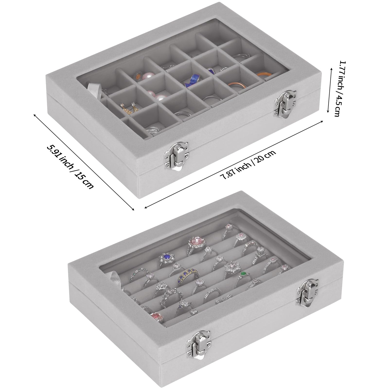 KUKUVR 2 PIECES Jewelry Ring Earring Organizer Display Tray, Velvet Small Jewelry Ring Stud Earring Necklace Bracelet Pendant Holder Case Box with Transparent lid (Grey)