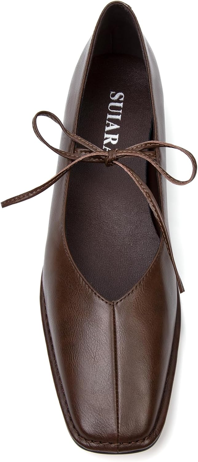 Lace up Ballet Flats Women Square Toe Mary Jane Flats Bow Slip On Comfortable Ballerina Shoes