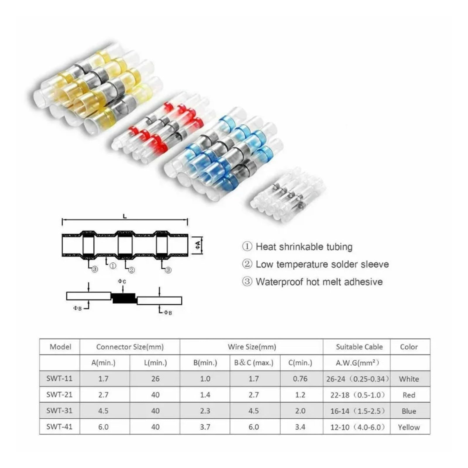1000Pcs Heat Shrink Butt Crimp Terminals Solder Seal Electrical Butt Connectors Wire Cable Splice Terminal Kit