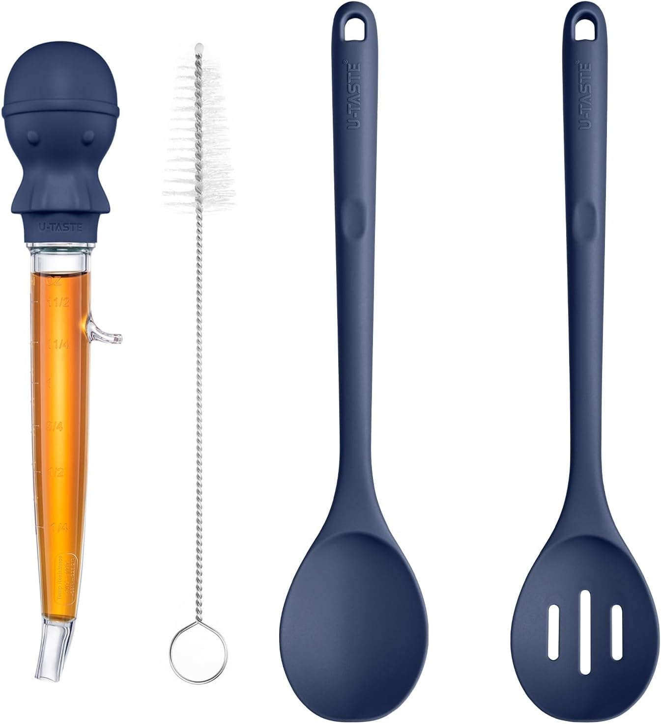 U-Taste 228.2℉ Heat Resistant 1.5 oz Angled Turkey Baster for Basting Meat, and 600℉Heat Proof Long Non-Scratch Silicone Solid & Slotted Set of 2 Cooking Spoon for Mixing & Serving (Midnight Blue)