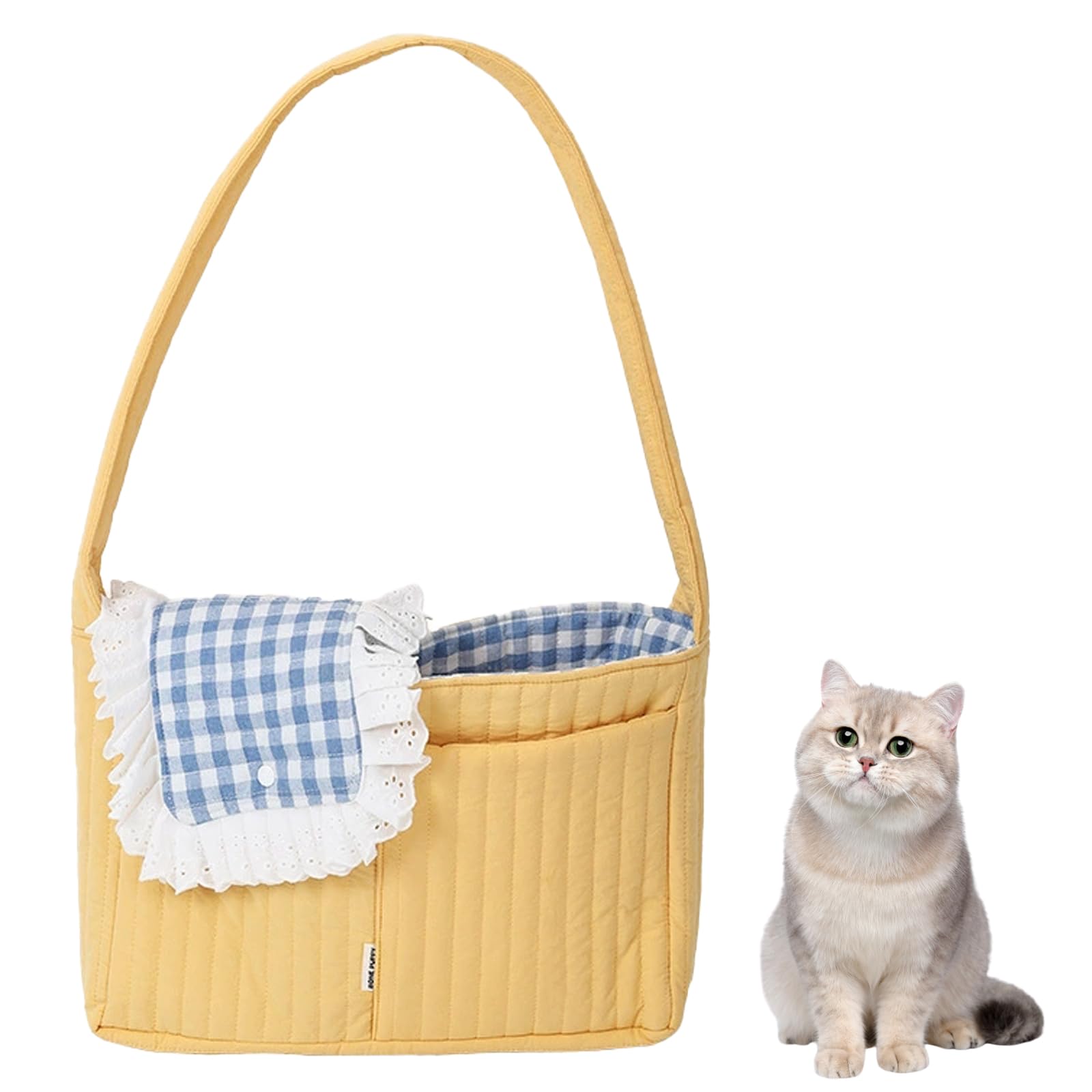 Borsa a tracolla per animali domestici in stile picnic, borsa pieghevole per cani e gatti, zaino largo imbottito con clip per guinzaglio a prova di fuga, per viaggi all'aperto (giallo)