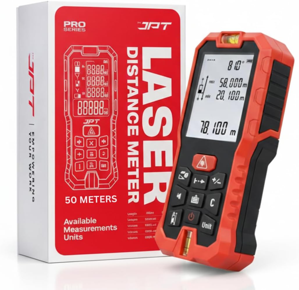 JPT 50M Laser Distance Meter Professional Digital Measuring Tool with Area, Volume & Pythagorean Calculation Backlit Display, Continuous & Unit Conversion Modes 50 Meter Black & Red