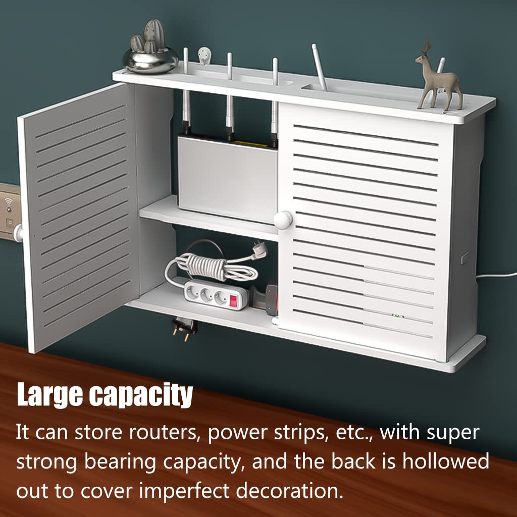 Étagère murale flottante pour routeur WiFi et boîtier décodeur, étagère de rangement à 2 niveaux, organiseur blanc élégant pour la maison et le bureau, design moderne, peu encombrant (48 x 11 x 31,5