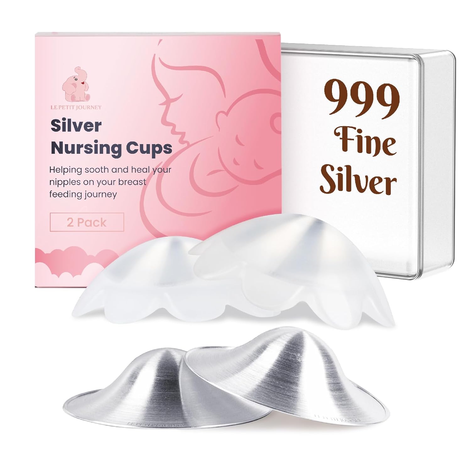 Original 999 Pure Silver Nursing Cups with Silicone Pads, Nipple Shields for Nursing Newborn Essentials, Silver Nipple Covers for Breastfeeding, Silver Nipple Guards for Soothing and Healing