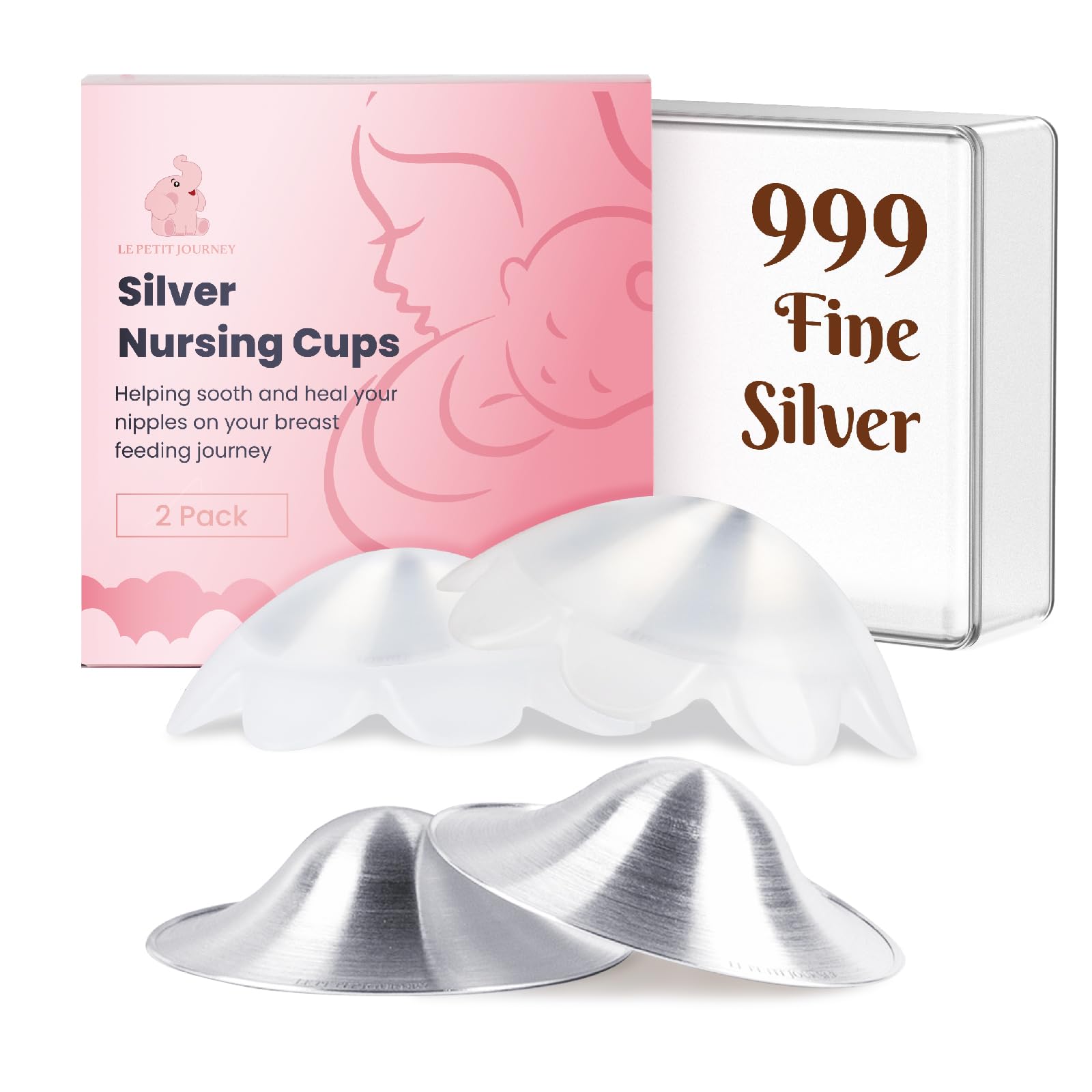 Original 999 Pure Silver Nursing Cups with Silicone Pads, Nipple Shields for Nursing Newborn Essentials, Silver Nipple Covers for Breastfeeding,
