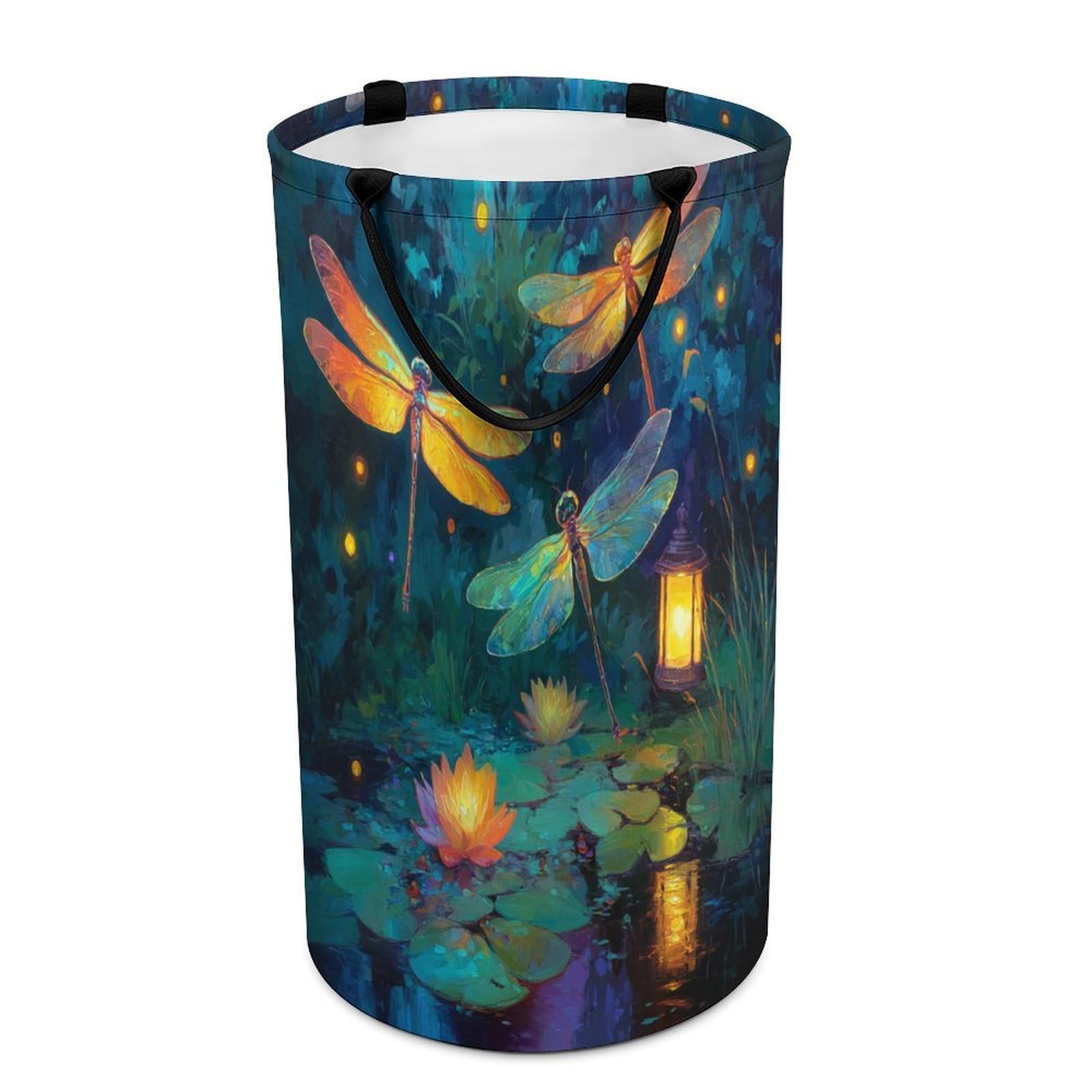LUYYSKY Fantasy Abstract Animal Dragonfly Collapsible Dirty Clothes Basket, Colorful Japanese Starry Sky Galaxy Plant Lotus Floral Portable Clothes Storage Laundry Basket-40 CM Dia, 69 CM High