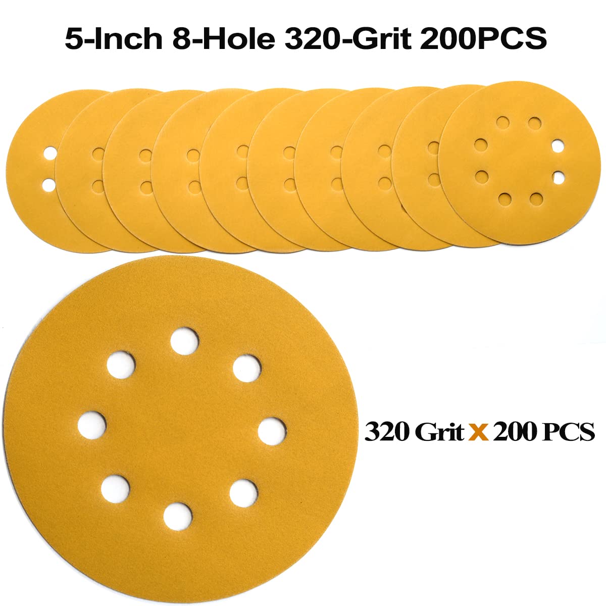 5-Inch 8-Hole Hook and Loop Sanding Discs 320 Grit Random Orbital Sandpaper, 200-Pack