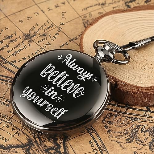 Image of Vintage Gandhi Style Pocket Watch with Engraved Designs & Messages Royal Black Analog for Men Women & Kids Includes Key Ring for car or Bike Keys Ideal Gift