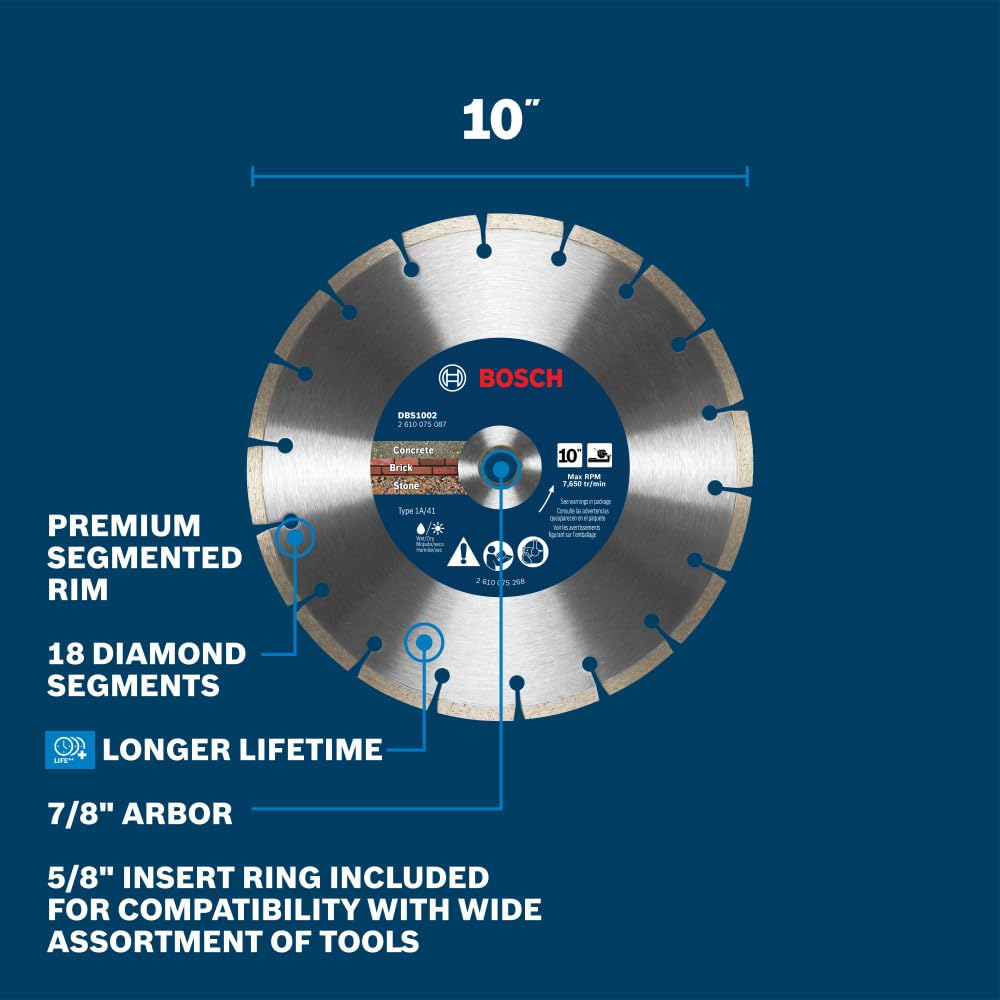 BOSCH DBS1002-Hoja de diamante de borde segmentado de alta calidad de 10 pulgadas, ideal para aplicaciones en adoquines, ladrillo blando y hormigón