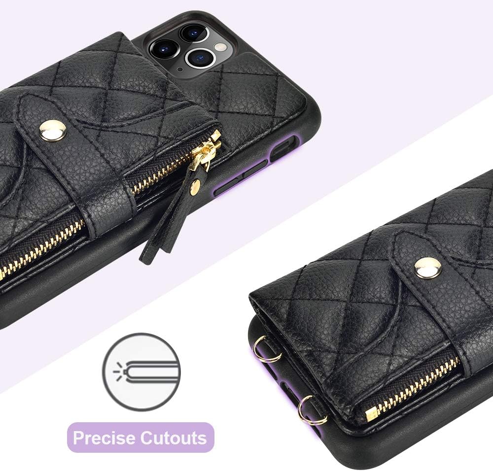 LAMEEKU iPhone 11 Pro Max Wallet Case, Zipper Wallet Case Card Holder Quilted Leather Crossbody Wallet Case for Lady with Hand Strap Shockproof Case Compatible with iPhone 11 Pro Max, 6.5 Inch-Black
