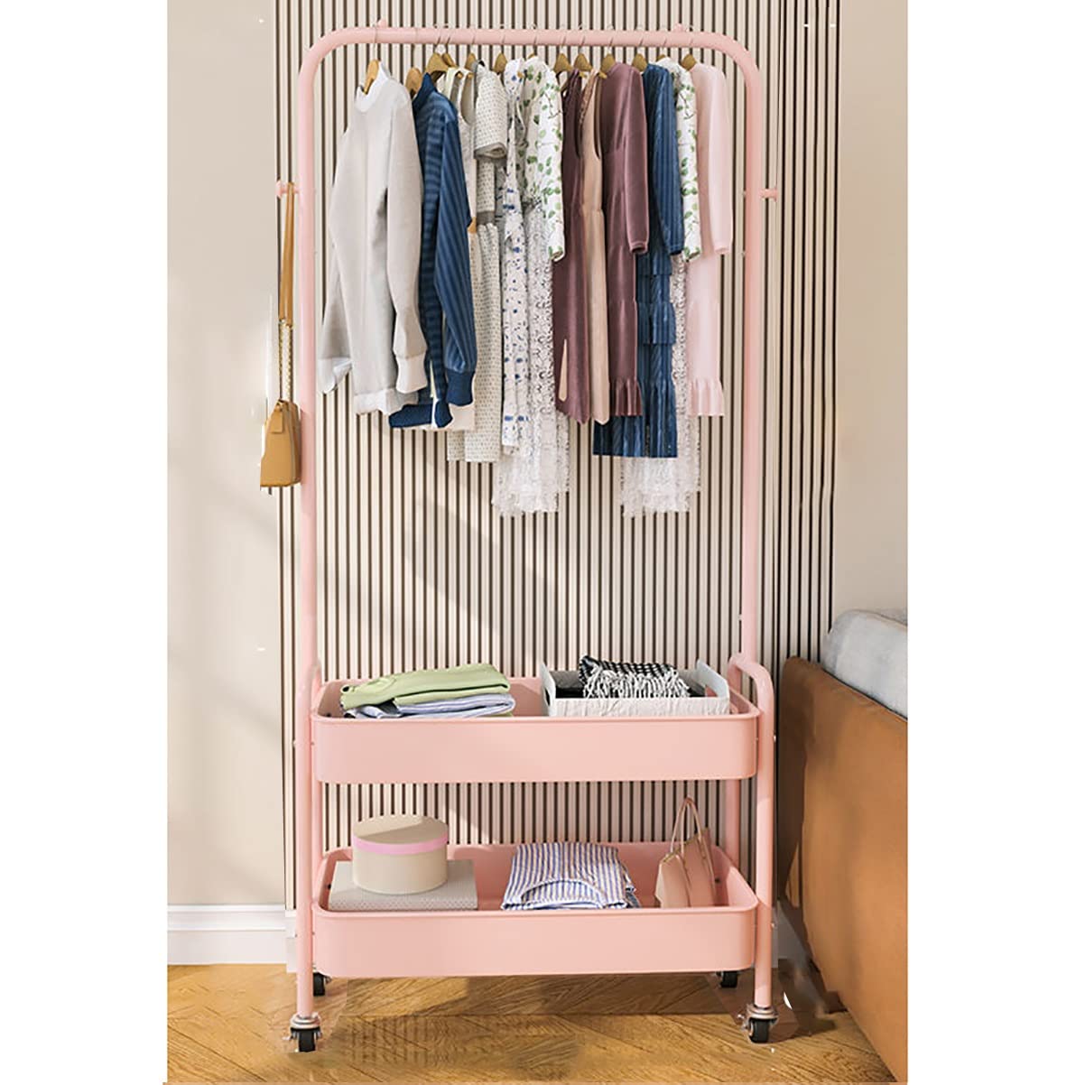 XDLEDMKIZ Stylish 360° Rolling Metal Coat Rack with Basket - Freestanding Clothes Stand for Coats, Shirts, and Skirts - Beige with Shelf for Entryway nization