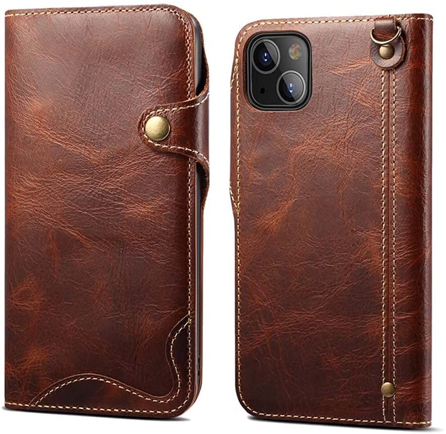 Étui porte-cartes pour iPhone 13 Mini clapet de protection magnétique en cuir marron 5.4"