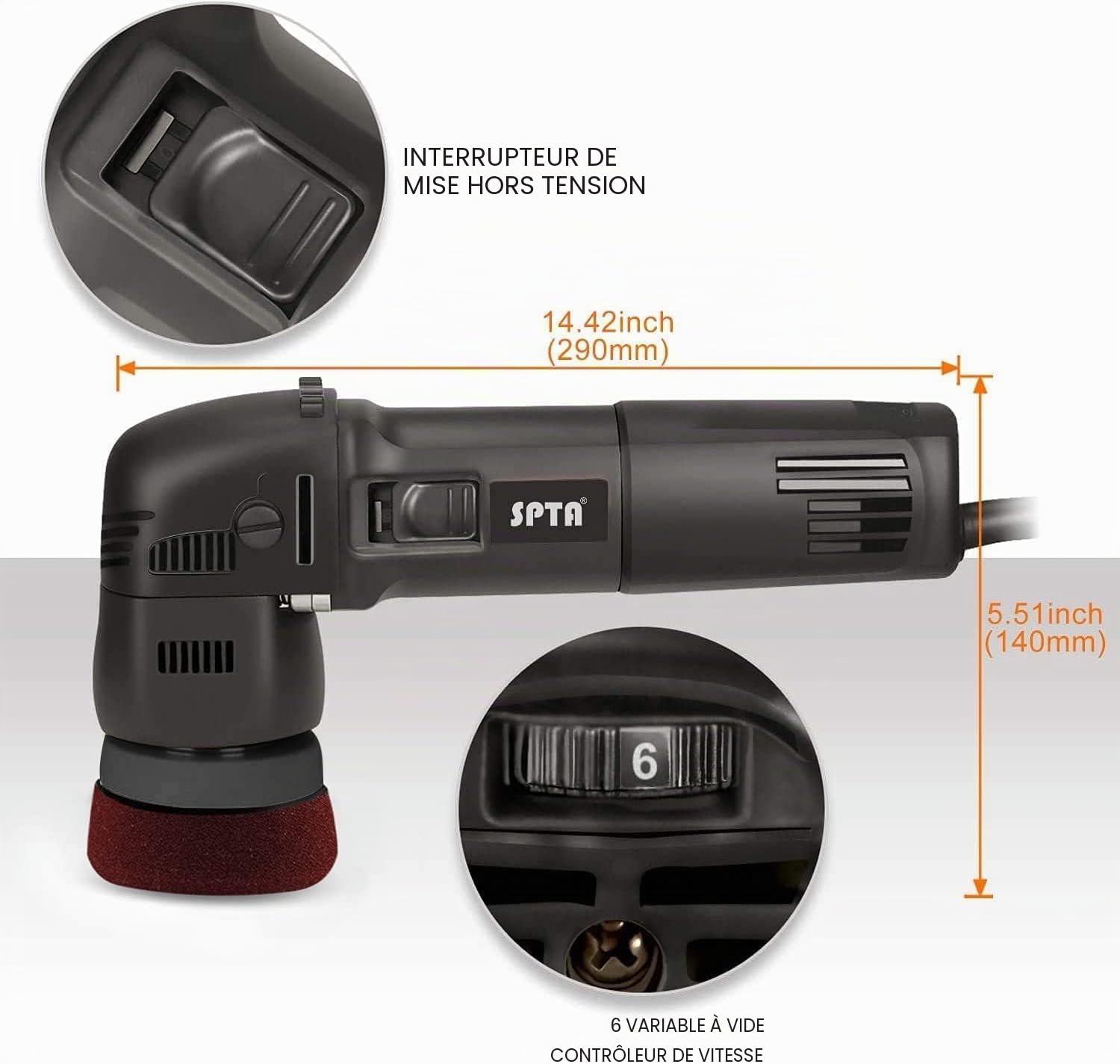 SPTA Polisseuse de polissage, 7,6 cm, 10 mm/780 W, vitesse variable, outil de nettoyage automatique à double action avec tampons de polissage DA, disques de ponçage, brosse de conditionnement