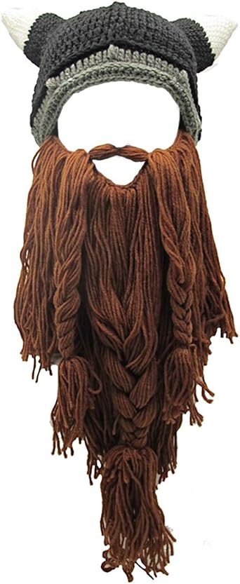 Viking Hat with Horns Funny Barbarian Vagabond Beard Beanie Hats for Men